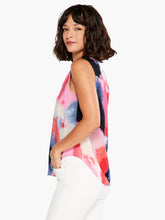 Load image into Gallery viewer, An easy, sleeveless top for adding a splash of color. Pair it with denim or elegant neutrals to instantly make your everyday outfits pop. Just as comfortable as it is striking thanks to its super soft construction and drapey feel. With a slight shirt tail effect for added femininity and contrast patterning along the V-neck collar. Colors - Pink multi; Pinks, coral, blues, greens. Easy fit. V-neck. Sleeveless. One button closure.
