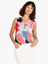 Load image into Gallery viewer, An easy, sleeveless top for adding a splash of color. Pair it with denim or elegant neutrals to instantly make your everyday outfits pop. Just as comfortable as it is striking thanks to its super soft construction and drapey feel. With a slight shirt tail effect for added femininity and contrast patterning along the V-neck collar. Colors - Pink multi; Pinks, coral, blues, greens. Easy fit. V-neck. Sleeveless. One button closure.