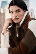 Load image into Gallery viewer, Add a touch of refinement to your wardrobe with this feather yarn sweater coat showcasing an avant-garde color-block design. Embrace classic luxury with a notched collar, straight long sleeves, and handy patch pockets. Experience both comfort and sophistication with this sleek piece, secured by inside snap closures.