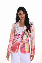 Load image into Gallery viewer, Frank Lyman’s abstract blazer turns heads with its vivid pink-and-orange abstract pattern, bringing joyful energy to classic tailoring. Designed with a sleek open front and lightweight structure, it’s perfect for layering from desk to dinner—or for turning any outfit into a work of art.