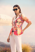 Load image into Gallery viewer, Frank Lyman’s abstract blazer turns heads with its vivid pink-and-orange abstract pattern, bringing joyful energy to classic tailoring. Designed with a sleek open front and lightweight structure, it’s perfect for layering from desk to dinner—or for turning any outfit into a work of art.