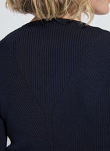 Load image into Gallery viewer, Model wearing a dark blue ribbed top against a white background.