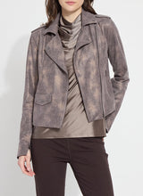 Load image into Gallery viewer, The Amelia Moto Jacket in Copper Chevron from Lysse is a printed vegan suede piece that combines stretchy comfort and classic moto-style seaming. This unlined faux suede jacket is slightly cropped and features a front zip closure and zippered pockets, all in high-shine gunmetal. It also boasts an inside sleeve facing that, when cuffed, reveals black Ponte fabric.