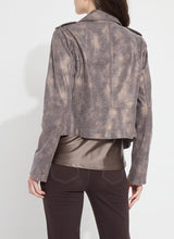 Load image into Gallery viewer, The Amelia Moto Jacket in Copper Chevron from Lysse is a printed vegan suede piece that combines stretchy comfort and classic moto-style seaming. This unlined faux suede jacket is slightly cropped and features a front zip closure and zippered pockets, all in high-shine gunmetal. It also boasts an inside sleeve facing that, when cuffed, reveals black Ponte fabric.