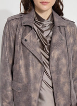 Load image into Gallery viewer, The Amelia Moto Jacket in Copper Chevron from Lysse is a printed vegan suede piece that combines stretchy comfort and classic moto-style seaming. This unlined faux suede jacket is slightly cropped and features a front zip closure and zippered pockets, all in high-shine gunmetal. It also boasts an inside sleeve facing that, when cuffed, reveals black Ponte fabric.