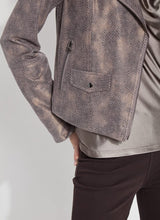Load image into Gallery viewer, The Amelia Moto Jacket in Copper Chevron from Lysse is a printed vegan suede piece that combines stretchy comfort and classic moto-style seaming. This unlined faux suede jacket is slightly cropped and features a front zip closure and zippered pockets, all in high-shine gunmetal. It also boasts an inside sleeve facing that, when cuffed, reveals black Ponte fabric.