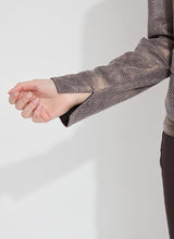 Load image into Gallery viewer, The Amelia Moto Jacket in Copper Chevron from Lysse is a printed vegan suede piece that combines stretchy comfort and classic moto-style seaming. This unlined faux suede jacket is slightly cropped and features a front zip closure and zippered pockets, all in high-shine gunmetal. It also boasts an inside sleeve facing that, when cuffed, reveals black Ponte fabric.