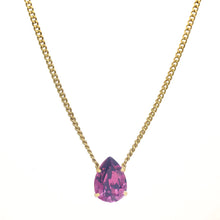 Load image into Gallery viewer, Introducing the Lumi necklace, a dazzling and versatile piece adorned with a high-quality pear-shaped stone in the middle. This antique gold-plated necklace features a 14” length with a 3” extension. Handcrafted in Canada. Color- Gold and amethyst. Premium crystals. Tear drop in amethyst. Gold chain. Length- 14 inches with 3-inch extension.