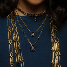 Load image into Gallery viewer, Introducing the Lumi necklace, a dazzling and versatile piece adorned with a high-quality pear-shaped stone in the middle. This antique gold-plated necklace features a 14” length with a 3” extension. Handcrafted in Canada. Color- Gold and amethyst. Premium crystals. Tear drop in amethyst. Gold chain. Length- 14 inches with 3-inch extension.