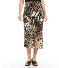 Load image into Gallery viewer, This midi skirt flaunts an eye-catching animal print and offers a slim silhouette that moves gracefully. Its pull-on waistband provides effortless wearing. Pairs beautifully with a solid black top or our Color -Shadow Animal Print Side pockets. Lined. Fabric - 100% Viscose. Care- Dry clean.