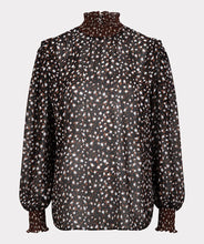 Load image into Gallery viewer, This brown, smocked long sleeve blouse, featuring swirling circles known as "Animal Steps," is a fashionable piece that can be dressed up or down depending on the occasion. Its unique design offers a chic and stylish look. Color-Brown, black, brown. Button back closure. Smocked neck and sleeves. Slightly sheer. Suggest wearing a black bra or black cami underneath.