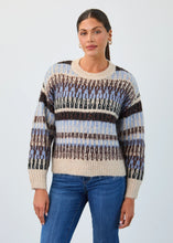 Load image into Gallery viewer, Woman wearing a multi blue and sparkle sweater and blue jeans against a neutral background.