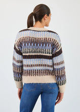 Load image into Gallery viewer, Woman wearing a multi blue and sparkle sweater and blue jeans against a neutral background.