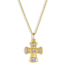 Load image into Gallery viewer, Gold cross necklace with embedded crystals against a white background.
