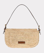 Load image into Gallery viewer, Woven handbag with a brown strap and gold buckle against a light gray background.