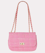 Load image into Gallery viewer, The Esqualo Tweed Bag features a twist lock, zippered pocket on the back, and elegant gold detailing on a cute rose pink tweed exterior. This timeless accessory seamlessly enhances all types of outfits, from casual to formal. The fashionable design is complemented by practical functionality, making it suitable for any occasion.
