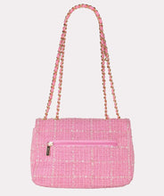 Load image into Gallery viewer, The Esqualo Tweed Bag features a twist lock, zippered pocket on the back, and elegant gold detailing on a cute rose pink tweed exterior. This timeless accessory seamlessly enhances all types of outfits, from casual to formal. The fashionable design is complemented by practical functionality, making it suitable for any occasion.