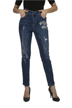 Load image into Gallery viewer, The Frank Lyman jean, also known as the "Brooklyn Be Brave & Free Sparkle Jean," is a dazzling addition to any wardrobe. These jeans feature sparkling details with phrases like "Be Brave, Be Free" shining on one side, and the Eiffel Tower along with the word "Paris" on both sides. Made from a blend of cotton, polyester, rayon, and elastane, they offer stretchable comfort and a stylish edge.