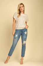 Load image into Gallery viewer, The Beige and Silver Sparkle Sequin Short Sleeve Top - Frank Lyman Style 226482 is a dazzling and stunning piece. It features a flattering blouson style and is designed to add a touch of glamour to any outfit. Whether you dress it up or wear it casually with denim, this top is the perfect choice. Color- Beige and silver. All-over sparkling sequins (front and back). Blouson style. Round neckline. Short sleeves.