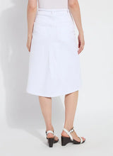 Load image into Gallery viewer, Effortlessly stylish, the Bellamy Denim Skirt is designed with an on-trend A-line flare silhouette, combining comfort and chic fashion. This skirt features faux front pockets, belt loops with rivet details, back patch pockets, and a classic V insert for added flair. Crafted from premium 4-way stretch Knit Denim, the Bellamy offers a below-knee length and unlined design with a concealed patented waistband for a sleek fit.