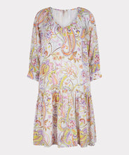 Load image into Gallery viewer, Gorgeous eye-catching spring/summer colors just pop on this stunning dress by EsQualo. With its feminine design, you will feel so pretty when you wear this beauty to luncheons with friends, garden/pool parties or evening events. Colors- Shades of greens, purples, orange, touch of brown on a white background. Whimsical floral print. V-Neck. Drop waist. Three-quarter sleeves. Fabric -100% Viscose.