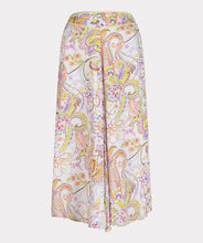 Load image into Gallery viewer, Gorgeous eye-catching spring/summer colors just pop on this stunning skirt by EsQualo. With its feminine design, you will feel so pretty when you wear this beauty to luncheons with friends, garden/pool parties or evening events. Colors- Shades of greens, purples, orange, touch of brown on a white background. Whimsical floral print. Fully lined. Side zipper closure. Back elastic waist. Fabric -100% Viscose.