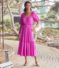Load image into Gallery viewer, Featuring a ruffled tier and tie at the waist for figure-flattering shape, this relaxed peasant-style dress is rendered in a vibrant berry hue. The long silhouette offers an elegant design. Color- Berry. Scoop neck. Side pockets. Tie waist. Fabric - 100% Polyester.