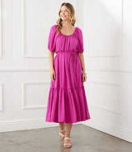 Load image into Gallery viewer, Featuring a ruffled tier and tie at the waist for figure-flattering shape, this relaxed peasant-style dress is rendered in a vibrant berry hue. The long silhouette offers an elegant design. Color- Berry. Scoop neck. Side pockets. Tie waist. Fabric - 100% Polyester.