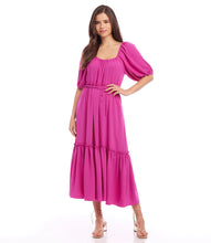 Load image into Gallery viewer, Featuring a ruffled tier and tie at the waist for figure-flattering shape, this relaxed peasant-style dress is rendered in a vibrant berry hue. The long silhouette offers an elegant design. Color- Berry. Scoop neck. Side pockets. Tie waist. Fabric - 100% Polyester.