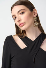 Load image into Gallery viewer, Enhance your daily appearance with this chic top made from bamboo jersey. The unique bamboo fibers create a lightweight and luxuriously soft garment. The fit compliments your physique, while the three-quarter length sleeves and cutout neckline add a refined and classy element. Color- Black. Cutout neckline. Three-quarter sleeves.