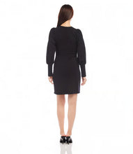 Load image into Gallery viewer, This Bishop Sleeve Dress is made from stretch Ponte fabric, providing a comfortable and flattering fit. The long sleeves feature wide cuffs, adding a touch of sophistication. Perfect for the cooler seasons, this dress combines style and comfort effortlessly.