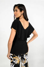 Load image into Gallery viewer, Expertly designed, this top features a flattering silhouette with a V-neckline and a ruffle overlay that drapes beautifully in both the front and back. Its flowy cap sleeves provide a touch of sophistication, while the soft fabric and classic black hue make it versatile for any occasion, whether dressed up or down with denim.
