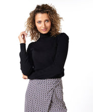 Load image into Gallery viewer, Experience a stylish look with our Bara sweater. Crafted with a plush fabric blend for maximum comfort, this turtleneck is further enhanced with gold button shoulder accents for a luxurious, fashionable finish. Color- Black. Turtleneck. Gold button detailing on shoulder. Cuffs.