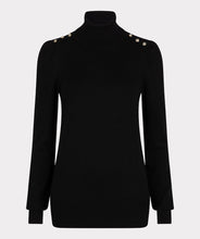 Load image into Gallery viewer, Experience a stylish look with our Bara sweater. Crafted with a plush fabric blend for maximum comfort, this turtleneck is further enhanced with gold button shoulder accents for a luxurious, fashionable finish. Color- Black. Turtleneck. Gold button detailing on shoulder. Cuffs.