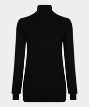 Load image into Gallery viewer, Experience a stylish look with our Bara sweater. Crafted with a plush fabric blend for maximum comfort, this turtleneck is further enhanced with gold button shoulder accents for a luxurious, fashionable finish. Color- Black. Turtleneck. Gold button detailing on shoulder. Cuffs.