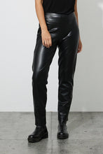 Load image into Gallery viewer, These signature Joseph Ribkoff pants boast a slim fit and structured waistband crafted with luxurious faux leather. Crafted with timeless elegance, the Joseph Ribkoff tab ornament is a symbol of quality. The perfect choice for the fashion-forward wardrobe. Color- Black Elastic waist. No pockets. No zipper. Straight leg.
