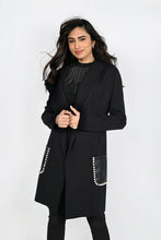 Load image into Gallery viewer, A stunningly unique piece, the Belen hooded cardigan adds a sophisticated finish to any look. Crafted with faux leather pockets and adorned with white pearl embellishments, it's guaranteed to turn heads. Color- Black. Hood. Pearl embellishments. Faux leather pockets. Fabric -50% Rayon, 28% Polyester. 22% Nylon.