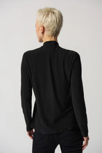 Load image into Gallery viewer, The Joseph Ribkoff long sleeve top features a slim silhouette, bow detail at the neckline, and an ultra-soft, stretchy fabric, allowing you to flaunt a feminine appearance. Ideal for wearing alone or for blending with a blazer, its design ensures a comfortable fit while elevating your look. Color- Black. Bow design detail at the neck. Keyhole neckline. Fabric -96% Polyester, 4% Spandex.