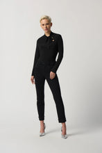 Load image into Gallery viewer, The Joseph Ribkoff long sleeve top features a slim silhouette, bow detail at the neckline, and an ultra-soft, stretchy fabric, allowing you to flaunt a feminine appearance. Ideal for wearing alone or for blending with a blazer, its design ensures a comfortable fit while elevating your look. Color- Black. Bow design detail at the neck. Keyhole neckline. Fabric -96% Polyester, 4% Spandex.
