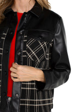 Load image into Gallery viewer, Discover our chic Shirt Jacket, where elegance meets everyday ease. This piece features a distinctive blend of contrasting materials, combining faux leather with black oatmeal plaid. Designed in the style of a shirt, it provides a casual yet polished look, ideal for layering with your chosen outfit.
