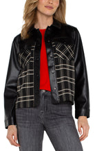 Load image into Gallery viewer, Discover our chic Shirt Jacket, where elegance meets everyday ease. This piece features a distinctive blend of contrasting materials, combining faux leather with black oatmeal plaid. Designed in the style of a shirt, it provides a casual yet polished look, ideal for layering with your chosen outfit.
