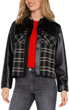 Load image into Gallery viewer, Discover our chic Shirt Jacket, where elegance meets everyday ease. This piece features a distinctive blend of contrasting materials, combining faux leather with black oatmeal plaid. Designed in the style of a shirt, it provides a casual yet polished look, ideal for layering with your chosen outfit.