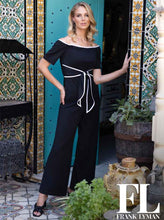 Load image into Gallery viewer, This jumpsuit effortlessly blends refined elegance with contemporary style, showcasing a sleek off-shoulder design in black with off-white contrast stitching. The belted waist accentuates the silhouette, making it a versatile and fashionable choice for any event.