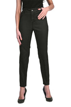 Load image into Gallery viewer, Experience maximum outfit versatility in these innovative two-in-one jeans. The reversible design features a classic animal print on one side and a solid black print on the reverse. This fabulous denim pant is sure to become a wardrobe favorite! Color - Camel and black. Reversible design. Animal print on one side, solid black on the other. Fly front with belt loops. Perfect stretch and recovery. Fabric - 65% cotton. 33% polyester. 2% elastane. Hand wash cold water inside out. Hang to dry.