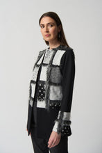 Load image into Gallery viewer, Final Sale Berkely Black and Grey Abstract Patchwork and Faux Fur Cardigan- Joseph Ribkoff Style 233062