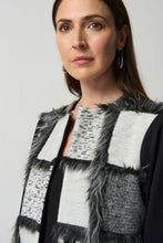 Load image into Gallery viewer, Final Sale Berkely Black and Grey Abstract Patchwork and Faux Fur Cardigan- Joseph Ribkoff Style 233062