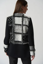 Load image into Gallery viewer, Final Sale Berkely Black and Grey Abstract Patchwork and Faux Fur Cardigan- Joseph Ribkoff Style 233062