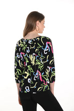 Load image into Gallery viewer, Fashion is all in the details and this gorgeous Frank Lyman top delivers just that. Featuring a lively white and multi-color abstract print on a black background, boatneck design and ribbed knitting detailing along the side of each sleeve, this fabulous top is perfect for adding a burst of energy to any outfit. Ideal for work, weekend outings, or casual gatherings.