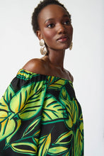 Load image into Gallery viewer, This captivating leaf print top features three-quarter off-the-shoulder puff sleeves that exude glamour and sophistication. The lightweight georgette fabric gives it an ethereal charm, while its flattering silhouette exudes nothing but elegance.