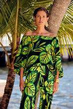 Load image into Gallery viewer, This captivating leaf print top features three-quarter off-the-shoulder puff sleeves that exude glamour and sophistication. The lightweight georgette fabric gives it an ethereal charm, while its flattering silhouette exudes nothing but elegance.